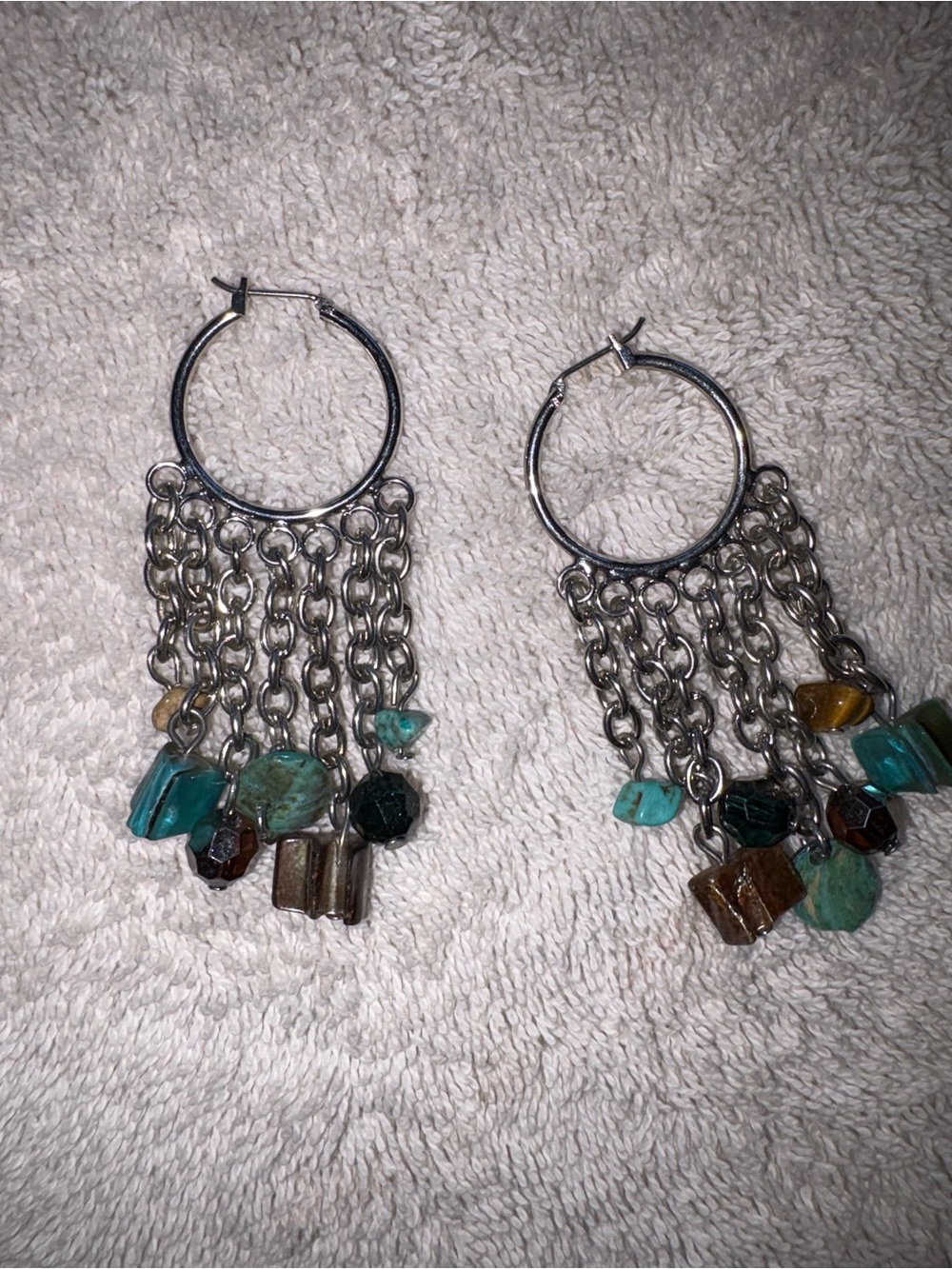 Boho Silver Tone Hoop Earrings with Turquoise and Brown Stone Drops